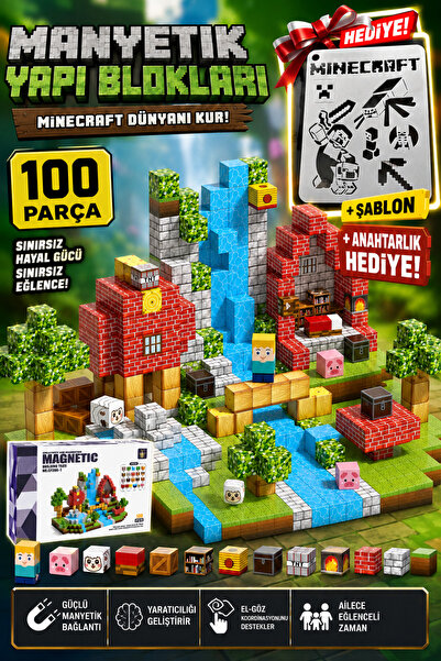 acces 100 Adet MineCraft Tarzı Manyetik Küp Yapı Blokları Oyuncak Seti