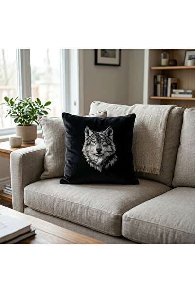 harmony factory Wolf Embroidered Black Velvet Throw Pillow Cover Wild Nature ...