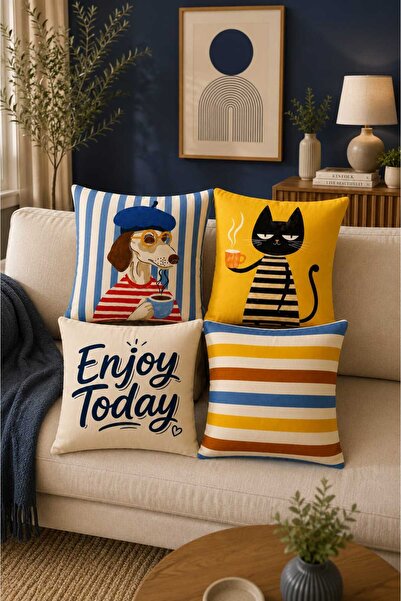 Sakallı 4'lü Dekoratif Kırlent Kılıfı Seti – Köpek, Kedi, Enjoy Today Yazılı ...