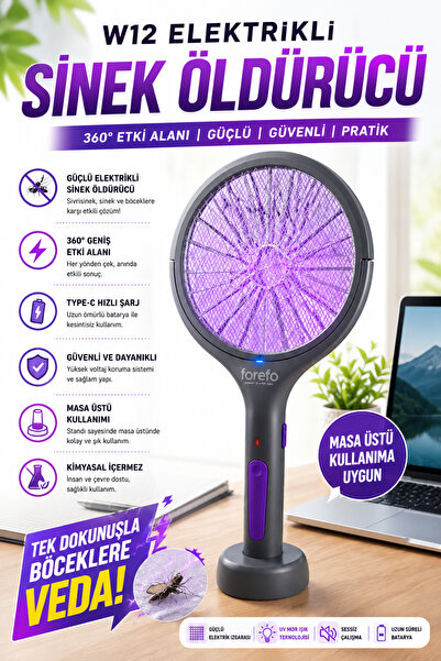 Yussraw W12 USB Şarjlı Uv Işıklı Elektrikli Sivrisinek Öldürücü Raket Sinek Ö...
