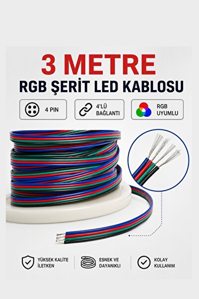 Rodevino 3 Metre RGB Şerit Led Kablosu 4 Pin 4'lü Bağlantı Kablosu Renkli Kordon