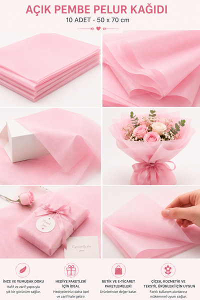 t tuğset etiket Renkli Pelur Kağıdı Açık Pembe 50x70 cm 10 Adet
