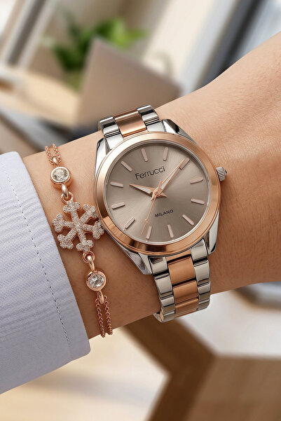 Ferrucci Bileklik Hediyeli Rose Gold/Metalik Kahve Kadran Kadın Kol Saati 35 ...