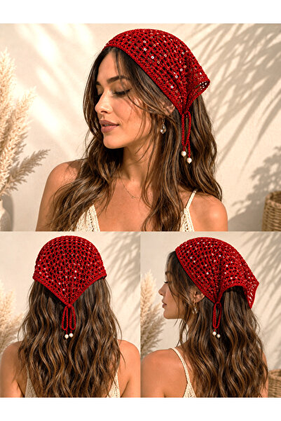 ESYCREATİVE Bohem Örme Saç Bandası, Fular, Kırmızı Pullu Bandana