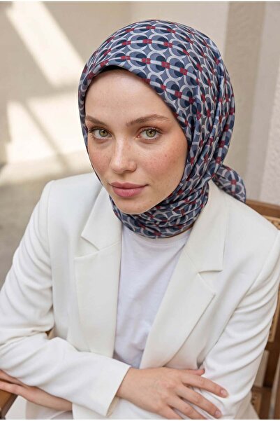 Vissona 100% حرير تويل بنمط هندسي نيلي - وشاح أحمر كلاريت ملون 90x90 شكل الخي...
