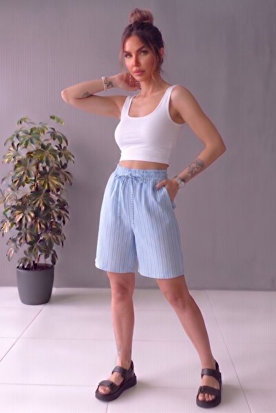 Flubutik Baby Blue Striped Adjustable Waist Linen Cotton Shorts