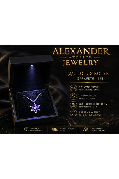 Alexander Atelier Lotus Çiçeği Kolye Ametist Taşlı 925 Ayar Gümüş 45cm