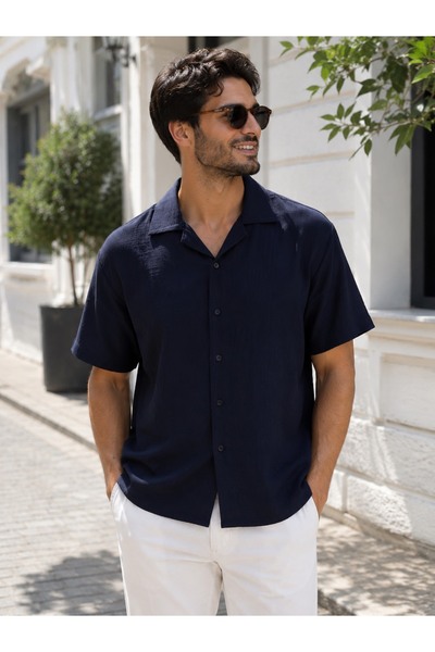 EMPEROR APPAREL Erkek Lacivert Kısa Kollu Müslin Gömlek