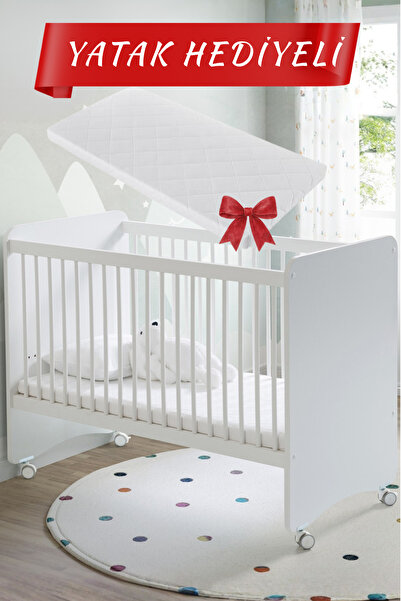 Babywhen Bebek Beşiği Beyaz Pratik Kademeli Tekerlekli + Yatak Dahil 60x120 B...