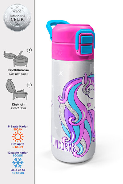 Coral High Kids Pembe Gümüş Unicorn Desenli Pipetli ve Direkt İçim Çelik Term...
