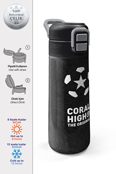 Coral High Kids Siyah Futbol Desenli Pipetli ve Direkt İçim Çelik Termos 500 ...