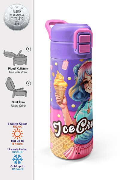 Coral High Kids Pembe Turkuaz K-Pop Desenli Pipetli ve Direkt İçim Çelik Term...