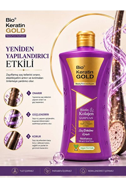 Bio Keratin Gold Biotin & Kolajen Yeniden Yapılandırıcı Etkili Tuzsuz Şampuan 700 ml