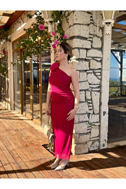 Glysso Fuchsia Pink One Shoulder Rose Detailed Draped Tulle Dress