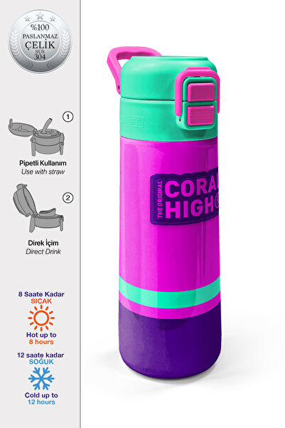 Coral High Kids Pembe Su Yeşili Pipetli ve Direkt İçim Çelik Termos 500 ml 31829