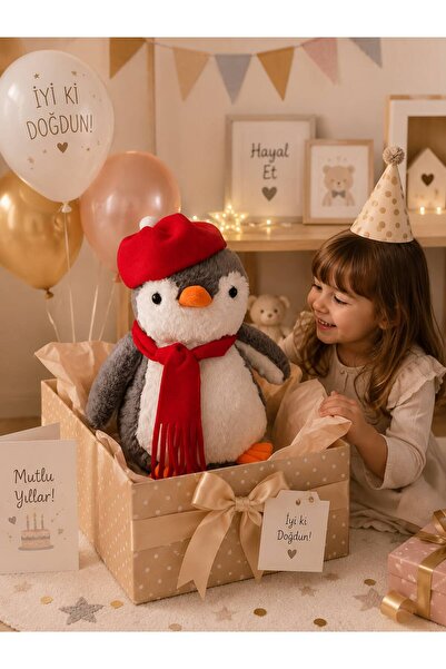 hey me: lisa Pingu Kırmızı Şapkalı Penguen 40 cm Gri  Peluş Oyuncak Uyku ve O...