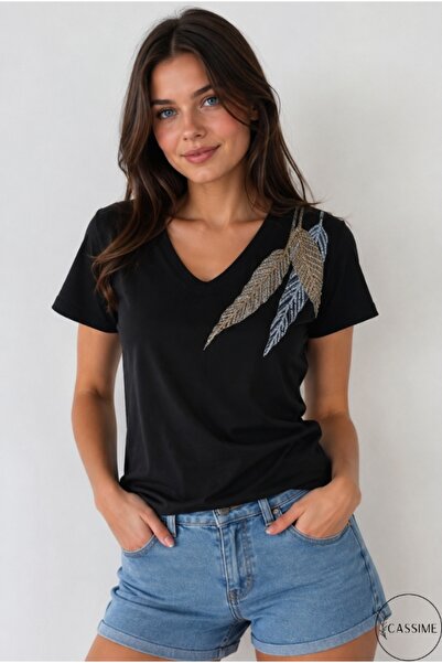Cassime Women's Black V-Neck Leaf Patterned Sequin Embroidered 100% P Cotton ...