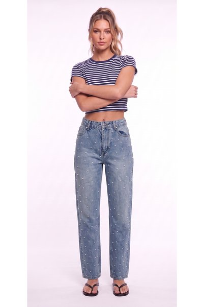 REDZARRAM Blue Regular Waist Light Blue Jeans with Pearls on the Front