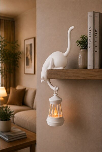 Printorium Askılı Kedi Raf Dekoru 24 CM – LED Fenerli Minimal Salon & Balkon ...