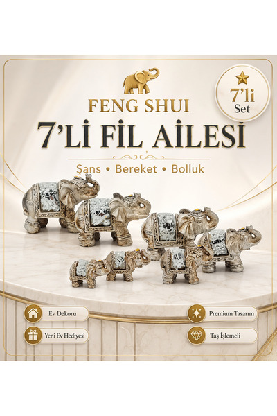 e-life shop Feng Shui 7'li Fil Ailesi Biblo Seti Taş İşlemeli Premium Dekorat...