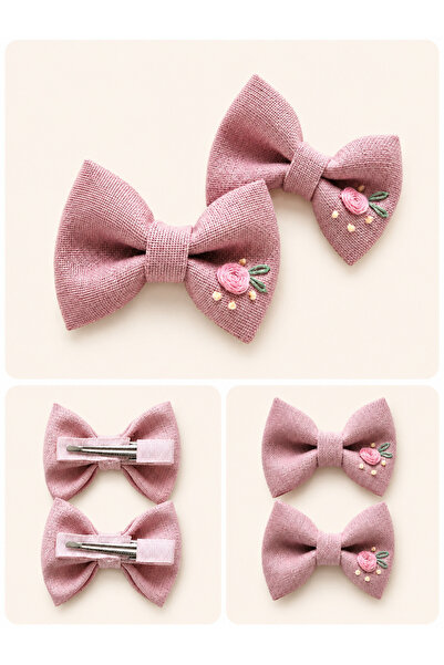 EL YAPIMI Linen Fabric Embroidered Pink Color Double Bow Buckle