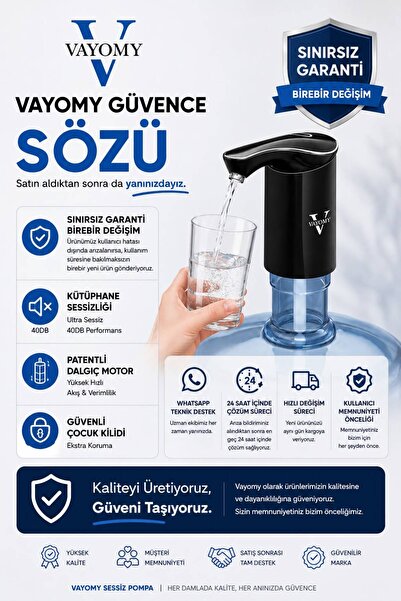 Vayomy SilentPro Ultra Sessiz Şarjlı Otomatik Damacana Su Pompası Yüksek Hızlı Akış 1200mAh BPA Free