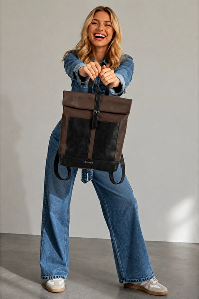 BUENO Brown Black Leather Women's Backpack