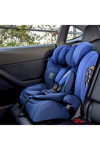 JUJU For happy kiddos Scaun auto pentru bebelusi si copii Safe Rider i-Size, 76-150 cm, transformabil in inaltator auto, tetiera reglabila, husa detasabila si lavabila, Albastru-Bleumarin