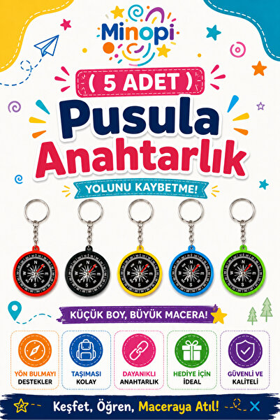 Minopi 5 Adet Pusula Anahtarlık Renkli Plastik Küçük Pusula Okul Deney Gezi C...