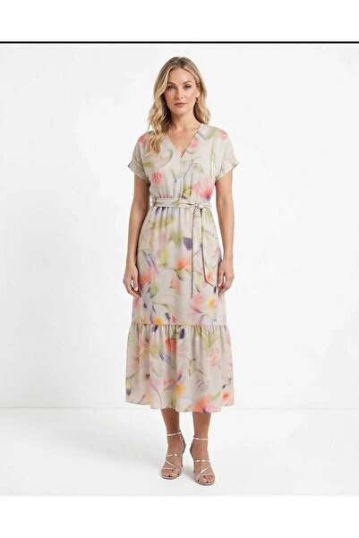 Freeista Cream Floral Patterned V-Neck Short Sleeve Viscose Midi Summer Casua...