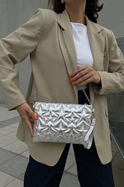 Genel Markalar Ecro Yıldız Dikişli Clutch Star Kadın Çanta Gümüş Rugan Zincir...