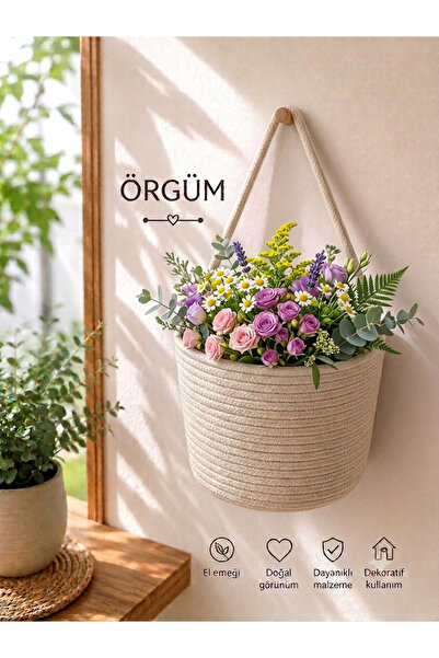 ÖRGÜM Basket Decorative Multi-Purpose Organizer Flower Organizer 15X15 cm Pla...