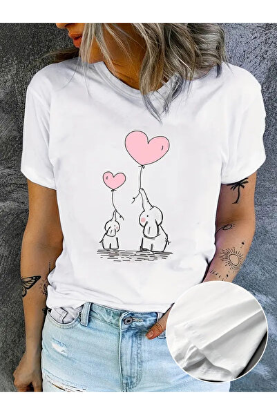 Pink Sky Unisex Oversize kroj T-shirt - Srce i Slon Štampano, okrugla kragna