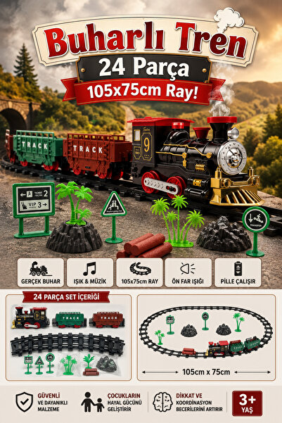 craftivio Klasik Buharlı Oyuncak Tren Seti 24 Parça - Işıklı Müzikli Gerçek B...