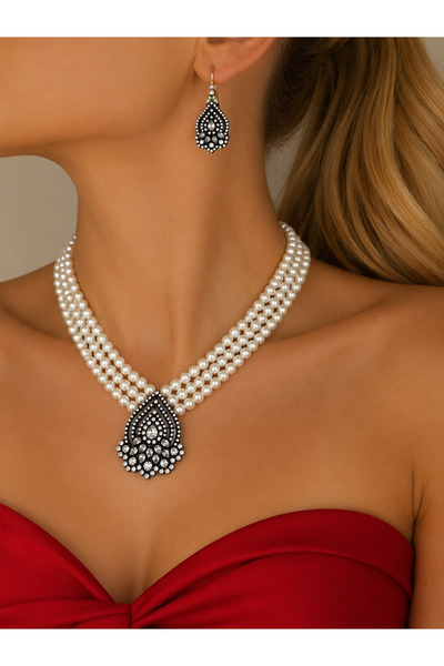 FUYA JEWELLERY Elmas Montür Damla İnci Kolye, Küpe Set