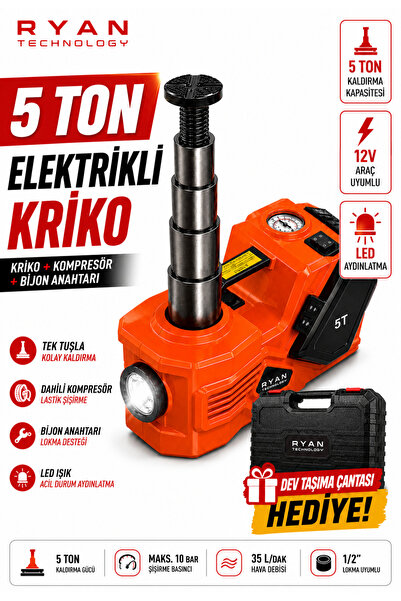 Ryan 5 Ton Hidrolik Araç Krikosu 12V 4İN1 Elektrikli Kriko Seti Hava Kompresö...