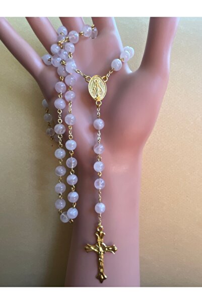 Yada Unique 6mm Pembe Kuvars Doğal Taş Katolik Hristiyan Rosary Tesbih / Haç ...
