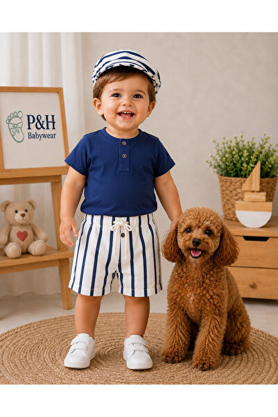 P&H BABYWEAR طقم صيفي للأطفال الأولاد مكون من مخطط قطع مع تفاصيل زر وقبعة