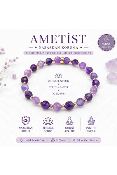 ÖZEL TASARIM SUGÜLİNSHOP Doğal Taş Antialerjik Paslanmaz Altın Kaplama Ametis...