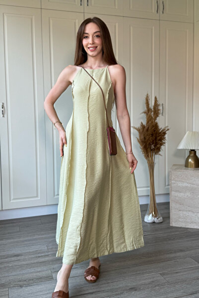 Dilay Gökoğlu Butik Askılı Keten Şeritli Midi Haki Elbise
