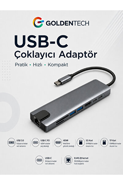 Golden Tech Macbook Pro Air Uyumlu Usb Type-c 8 Hub Dönüştürücü Çevirici Çokl...