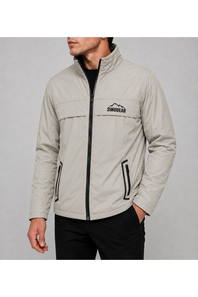 Sınwear Men's Beige Spring Season Water and Wind Resistant Coat Stand Collar Seasonal Zippered Sports Outdoor Jacket
