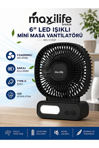 Maxilife Breeze MG-5166F 6" Led Işıklı Şarjlı Mini Masa Vantilatörü 3 Kademel...