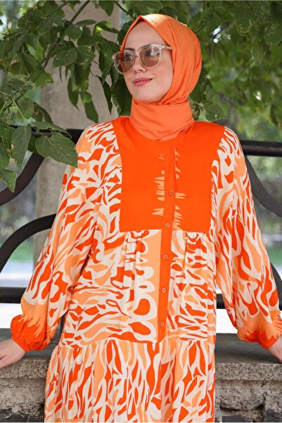TRENDTESETTÜR KADIN TURUNCU (ORANJ) DESENLİ MANŞETLERİ LASTİKLİ ELBİSE T 9433-3