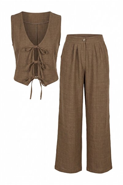 Modamorfo Lace-Up Front Vest and Trousers Two-Piece Linen Look Suit - Light B...