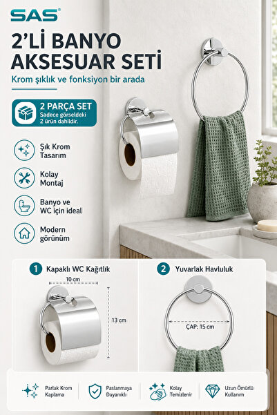 Sas Haus 2’li Krom Banyo Aksesuar Seti Kapaklı WC Kağıtlık ve Yuvarlak Havlul...