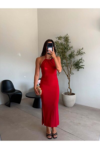 Bade Butik Kırmızı Aksesuarlı Drapeli Elbise