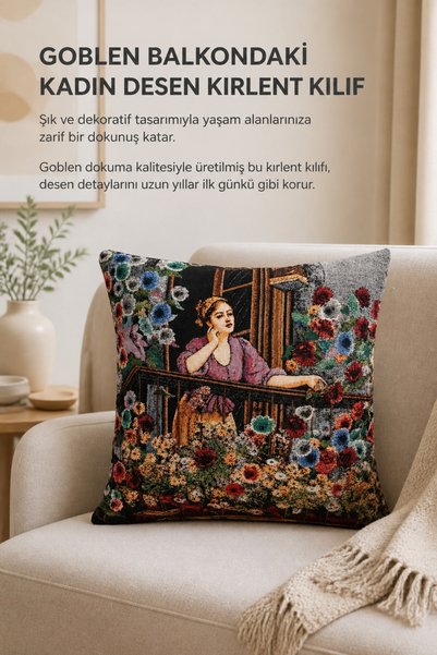 KIRLENT EV Goblen Balkondaki Kadın Desen Kırlent Kılıf