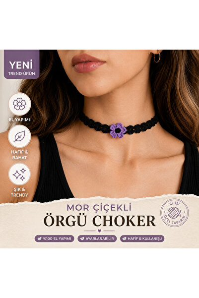 Liora De Mar Handmade Black Knitted Choker – with Floral Detail