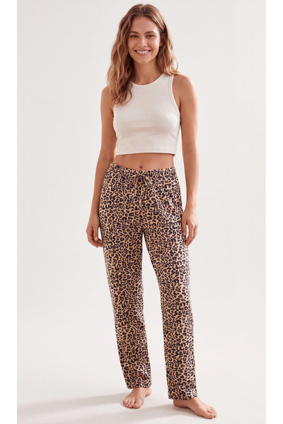 Pijahane Kadın Leopar Desenli Pijama Altı Rahat Kalıp Yumuşak Kumaş Ev Giyimi